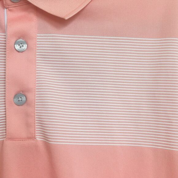 Ashworth Shirt Mens Preppy L Polo Golf Salmon Pink Stripes Comfort Cool Tech - Picture 6 of 10